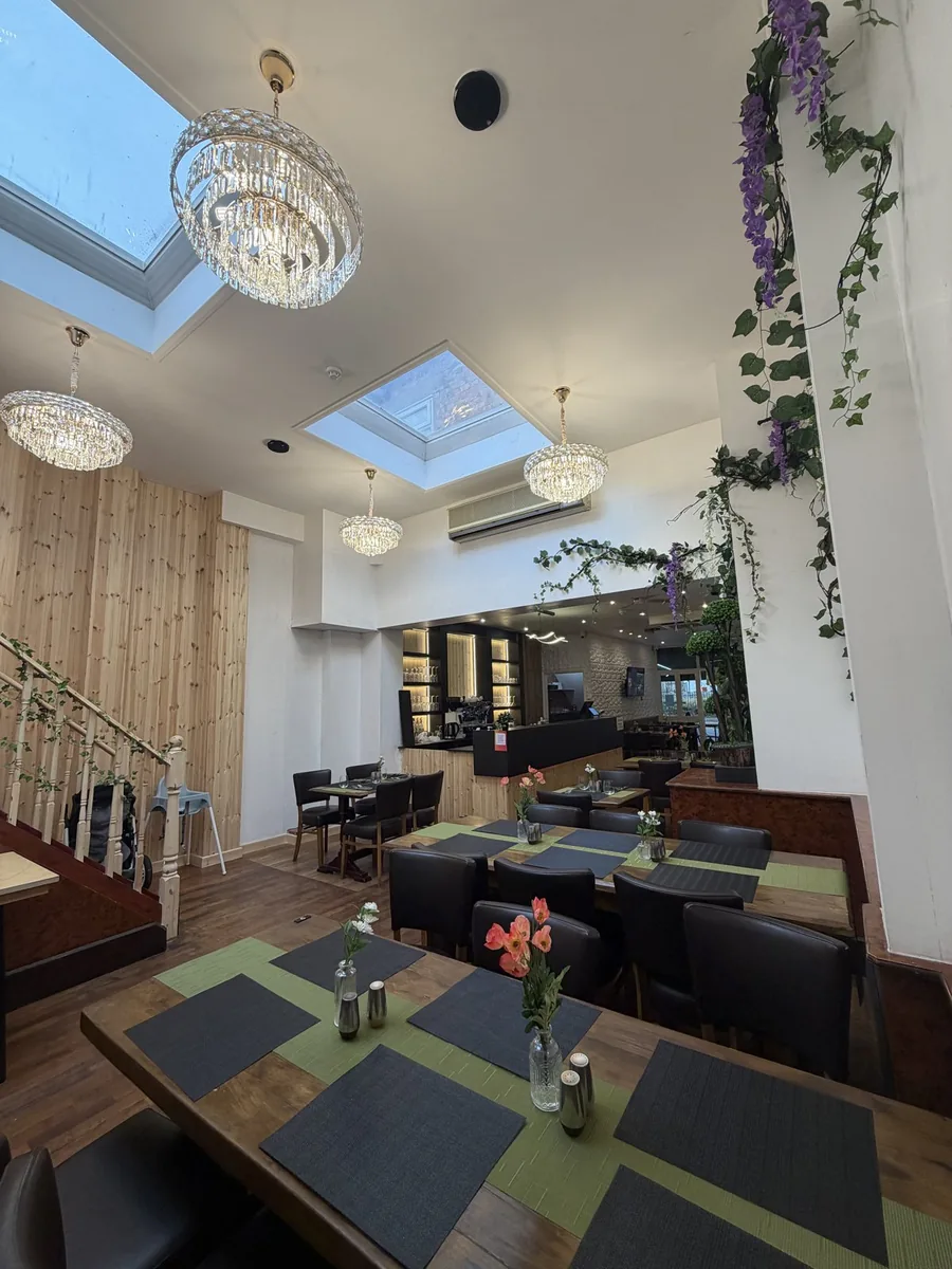 Olive & Oak dining tables beneath skylights, chandeliers and hanging greenery